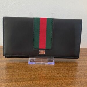 Gucci Black Leather Continental Wallet w/ Green and Red Sherry Line Stripe